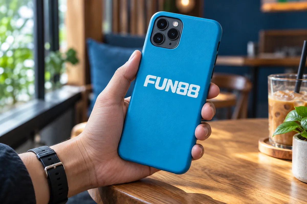 Điện thoại với ốp FUN88 trong không gian quán cà phê
