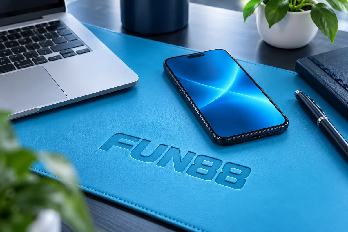 Máy tính và điện thoại trên bàn có thương hiệu FUN88